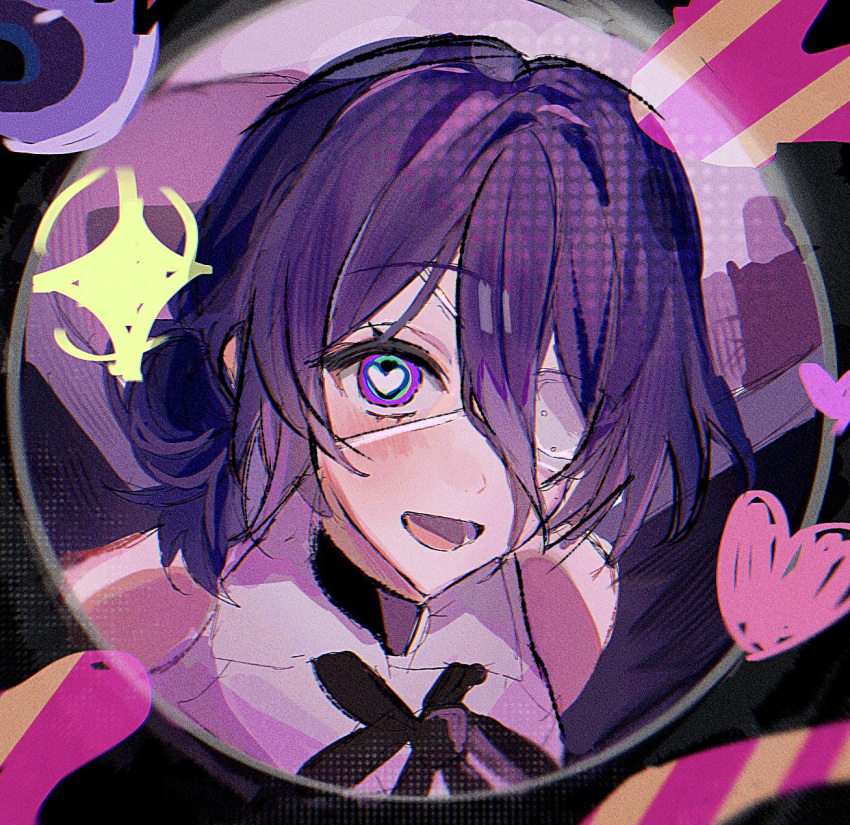 1girl, black_ribbon, chainsaw_man, commentary_request, eyepatch, grey_shirt, hair_between_eyes, hair_bun