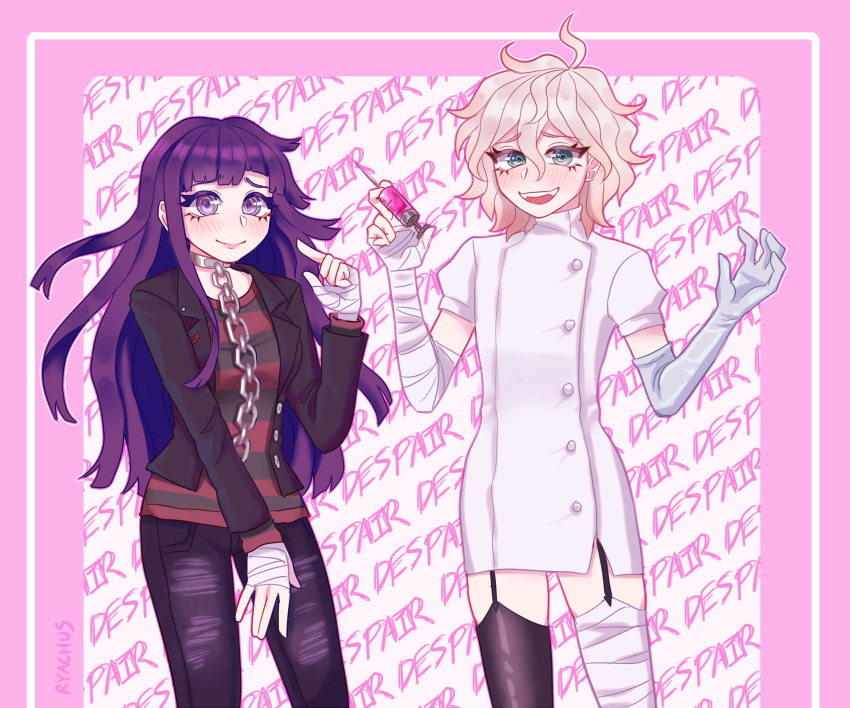 1boy, 1girl, bandaged_arm, bandaged_hand, bandaged_leg, bandages, black_jacket, black_thighhighs