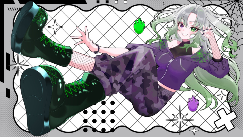 1girl, arm_up, bandage_on_face, bandages, bead_bracelet, beads, black_boots, boots, border, bracelet, camouflage, camouflage_pants, cropped_jacket, english_commentary, fishnet_pantyhose, fishnets, floating, full_body, gradient_hair, green_hair, grey_border, grey_hair, hair_between_eyes, half_updo, hana_yoshida, heterochromia, highres, indie_virtual_youtuber, jacket, jewelry, leg_up, lilichanxxx, long_hair, mole, mole_under_eye, multicolored_hair, pants, pantyhose, parted_bangs, purple_jacket, shirt, silk, single_fishnet_armwear, sleeveless, sleeveless_shirt, smile, solo, spider_web, virtual_youtuber