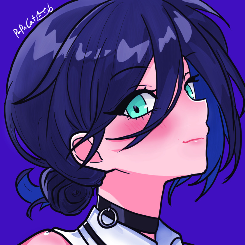 1girl, aqua_eyes, artist_name, black_choker, blue_background, blue_hair, chainsaw_man, choker