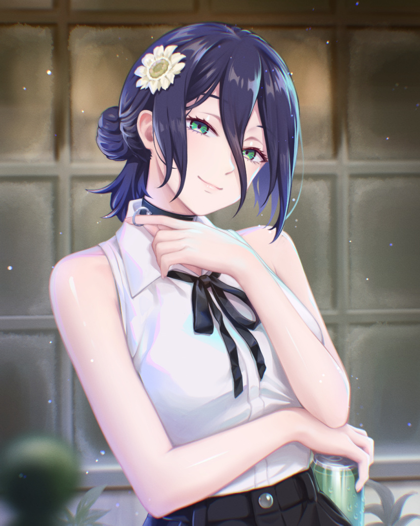 1girl, black_choker, black_hair, black_ribbon, chainsaw_man, choker, closed_mouth, collared_shirt, flower, green_eyes, grenade_pin, hair_between_eyes, hair_bun, hair_flower, hair_ornament, highres, lck8095, looking_at_viewer, neck_ribbon, reze_(chainsaw_man), ribbon, shirt, shirt_tucked_in, sleeveless, sleeveless_shirt, solo, white_flower, white_shirt