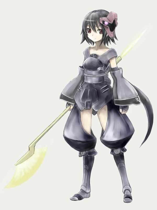 black_hair, copyright_request, musclecar, polearm, red_eyes, short_hair, solo, weapon