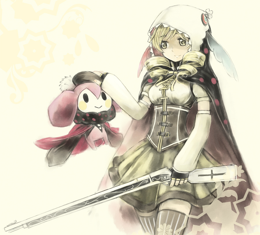 brown_legwear, cape, charlotte_(madoka_magica), corset, detached_sleeves, drill_hair, gun, hood