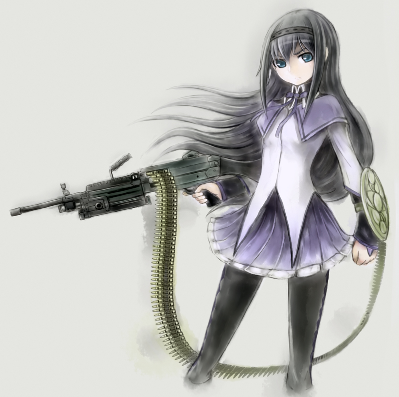akemi_homura, ammunition_belt, black_hair, blue_eyes, bullet, gun, hairband, long_hair