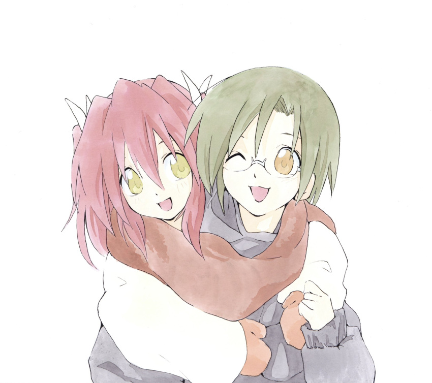 2girls, :3, :d, black_jacket, carrying, glasses, green_eyes, green_hair