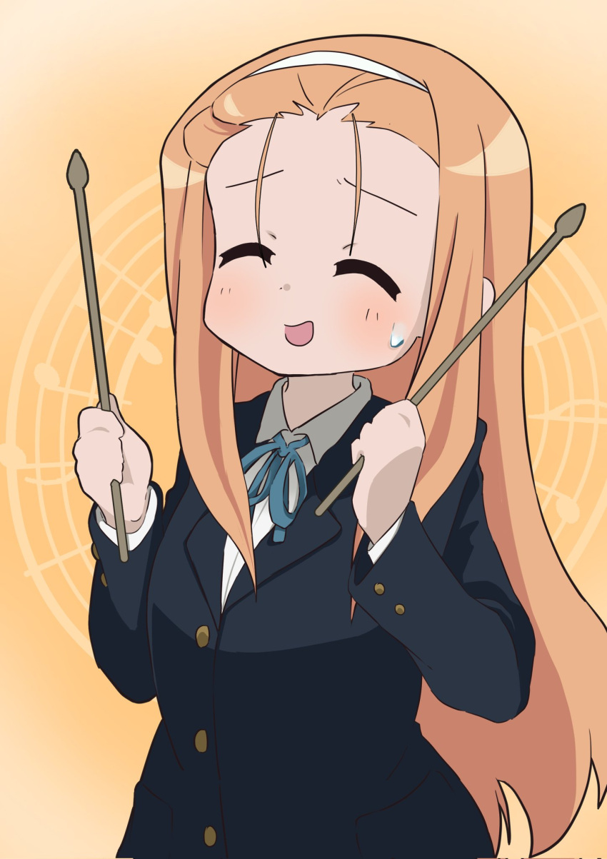1girl, :d, black_jacket, blazer, blue_ribbon, chihaya_kirin, closed_eyes, collared_shirt, cosplay, crossover, drumsticks, gold_buttons, headband, highres, holding, holding_drumsticks, jacket, k-on!, long_hair, lucky_star, minegishi_ayano, orange_background, orange_hair, ribbon, sakuragaoka_high_school_uniform, school_uniform, shirt, smile, sweatdrop, white_headband, white_shirt