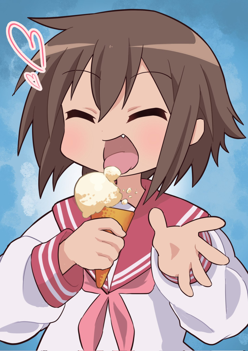1girl, :d, blue_background, blush, brown_hair, chihaya_kirin, closed_eyes, fang