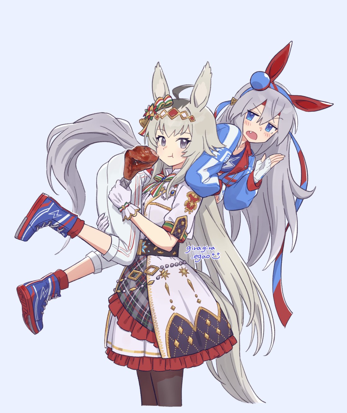 2girls, ahoge, animal_ears, bell, belt, black_pantyhose, blue_eyes, blue_hairband