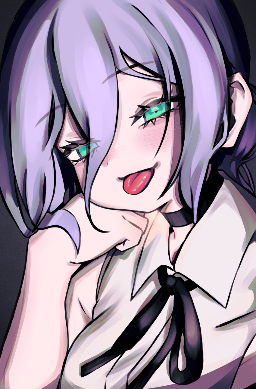 1girl, absurdres, black_choker, black_ribbon, chainsaw_man, choker, collared_shirt, commentary_request, duck_ahir, green_eyes, hair_between_eyes, highres, looking_at_viewer, neck_ribbon, purple_hair, reze_(chainsaw_man), ribbon, shirt, sleeveless, sleeveless_shirt, solo, tongue, tongue_out