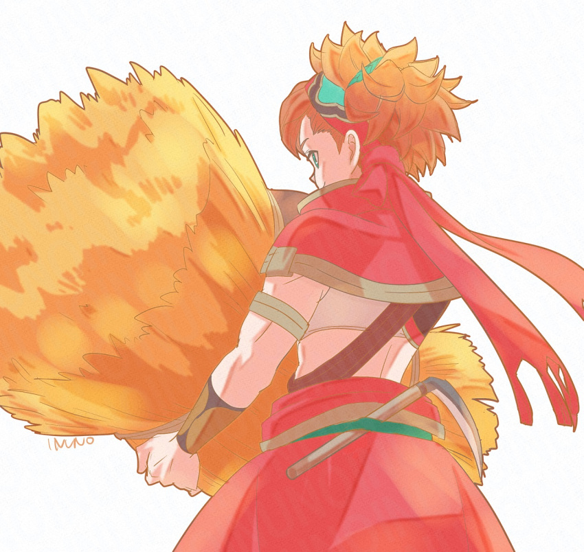 1boy, armband, capelet, cowboy_shot, crop_top, gold_trim, green_eyes, hairband