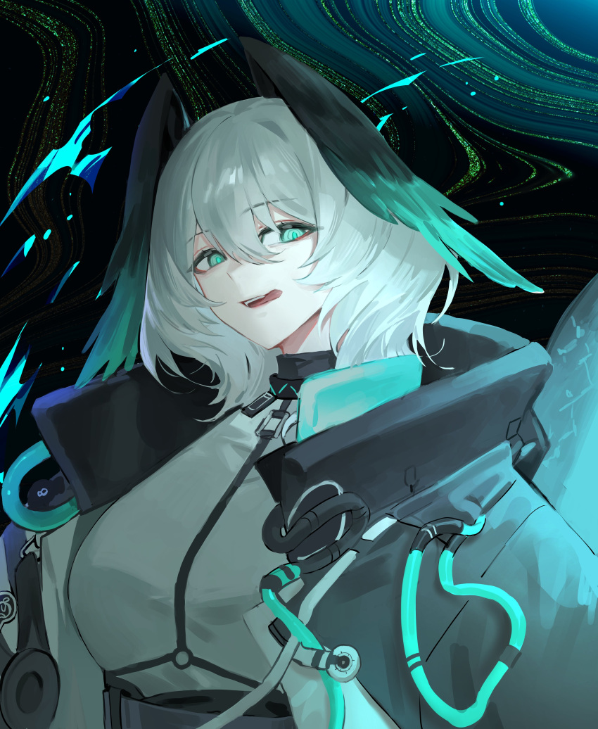1girl, absurdres, arknights, black_coat, coat, energy, green_eyes, grey_hair
