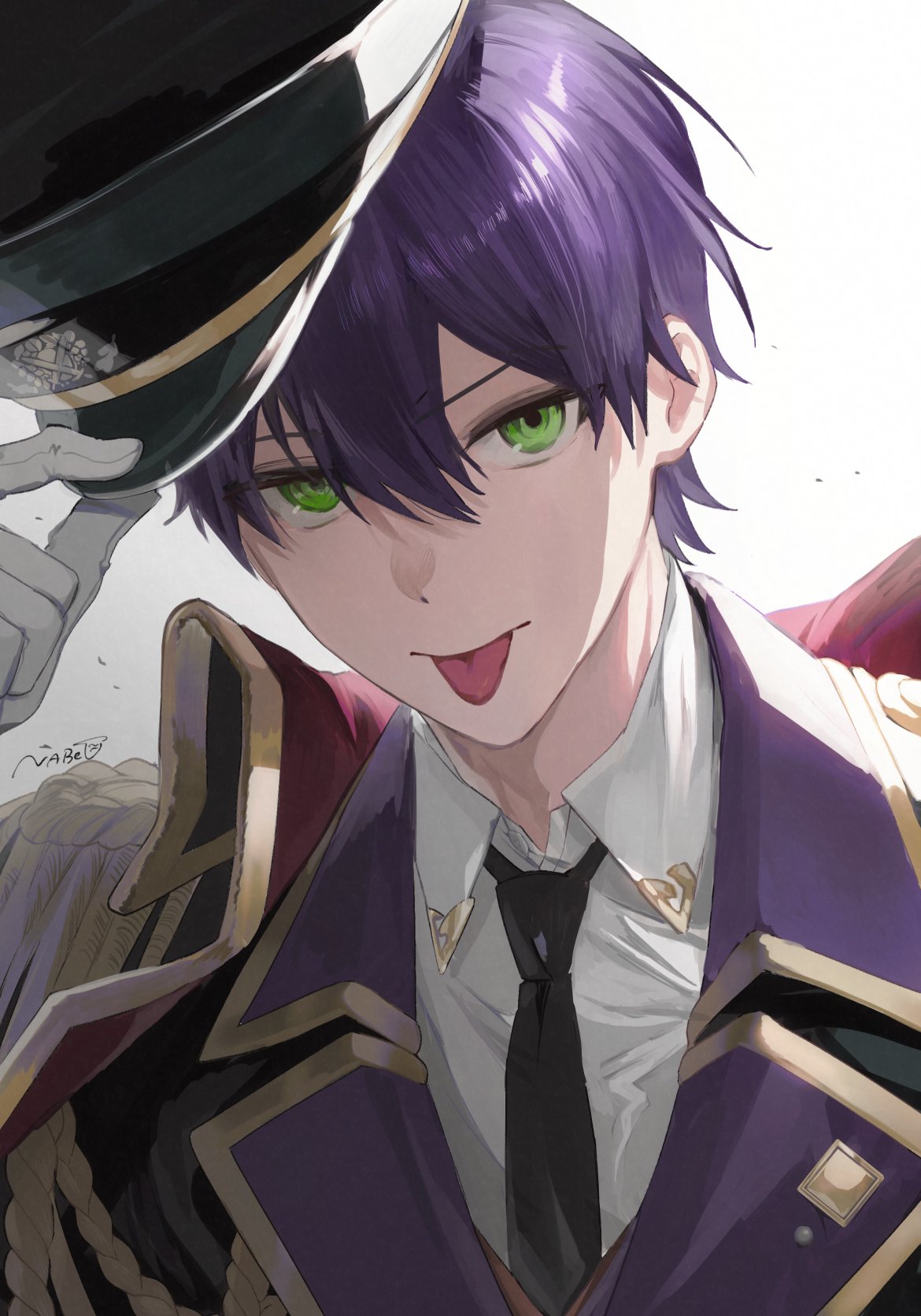 1boy, :p, aiguillette, black_cape, black_hat, black_jacket, black_necktie, cape, collared_cape, collared_shirt, colored_lapels, epaulettes, green_eyes, hair_between_eyes, hat, hat_tip, highres, holding, holding_unworn_clothes, holding_unworn_hat, jacket, kenmochi_touya, kenmochi_touya_(11th_costume), lapels, looking_at_viewer, male_focus, military_hat, military_uniform, nabeudon, necktie, nijisanji, notched_lapels, peaked_cap, portrait, purple_hair, red_cape, shirt, simple_background, solo, tongue, tongue_out, two-sided_cape, two-sided_fabric, unworn_hat, unworn_headwear, virtual_youtuber, white_background, white_shirt