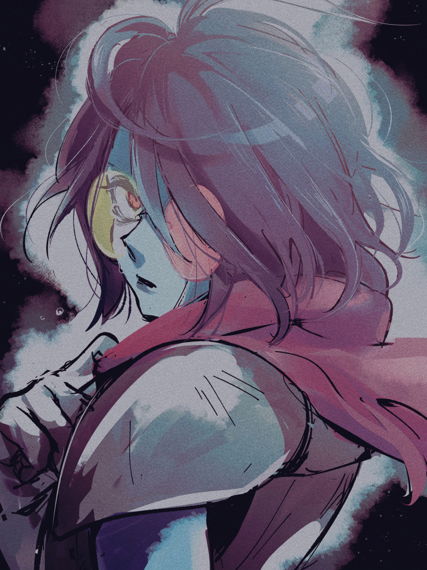 1other, absurdres, armor, bespectacled, black_hair, deltarune, glasses, highres, kris_(dark_world)_(deltarune), kris_(deltarune), looking_at_viewer, looking_back, one_eye_covered, other_focus, pauldrons, pink_scarf, portrait, red_eyes, round_eyewear, scarf, short_hair, shoulder_armor, solo, tachibana_(church111), tears, utdr_(toby_fox)