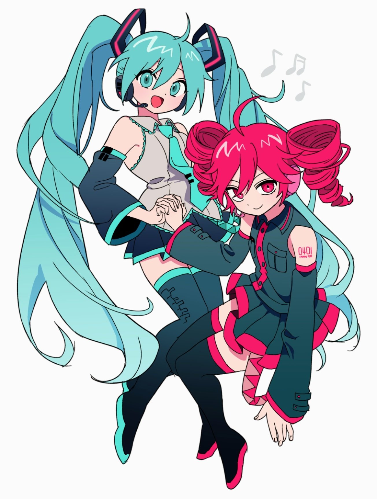 2girls, aqua_eyes, aqua_hair, aqua_necktie, black_sleeves, closed_mouth, commentary, crossover, detached_sleeves, drill_hair, full_body, grey_shirt, hatsune_miku, headset, highres, holding_hands, kasane_teto, long_hair, looking_at_viewer, multiple_girls, musical_note, necktie, open_mouth, pleated_skirt, qnfrjswjsrmfla, red_eyes, red_hair, red_trim, shirt, simple_background, skirt, smile, symbol-only_commentary, twin_drills, twintails, utau, very_long_hair, vocaloid, white_background
