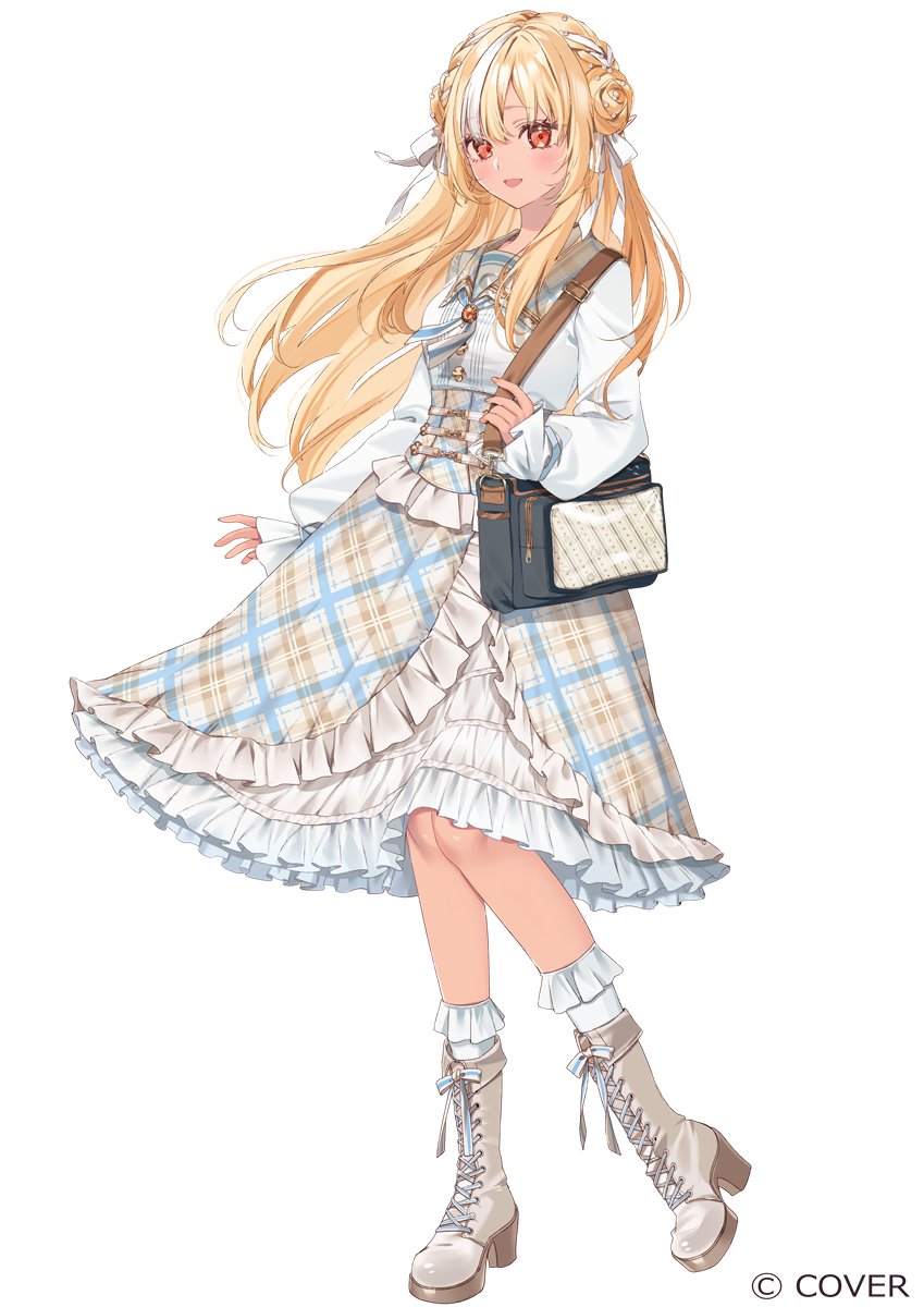 1girl, :d, boots, brown_boots, brown_corset, brown_skirt, collared_shirt, commentary_request, copyright_notice, corset, dark-skinned_female, dark_skin, double_bun, fold-over_boots, frilled_skirt, frilled_sleeves, frills, full_body, hair_bun, hair_ribbon, high_heel_boots, high_heels, highres, hololive, lace-up_boots, layered_skirt, long_hair, long_sleeves, looking_at_viewer, misumi_(macaroni), multicolored_hair, official_art, open_mouth, orange_eyes, platform_boots, puffy_long_sleeves, puffy_sleeves, ribbon, shiranui_flare, shiranui_flare_(8th_costume), shirt, side_up_bun, sidelocks, simple_background, skirt, smile, socks, solo, streaked_hair, virtual_youtuber, white_background, white_hair, white_ribbon, white_shirt, white_socks