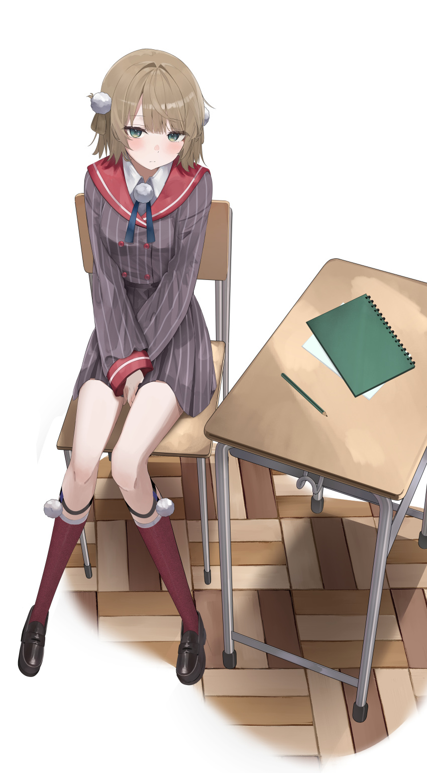 1girl, absurdres, between_legs, black_shoes, blue_ribbon, blunt_bangs, blush, brown_hair