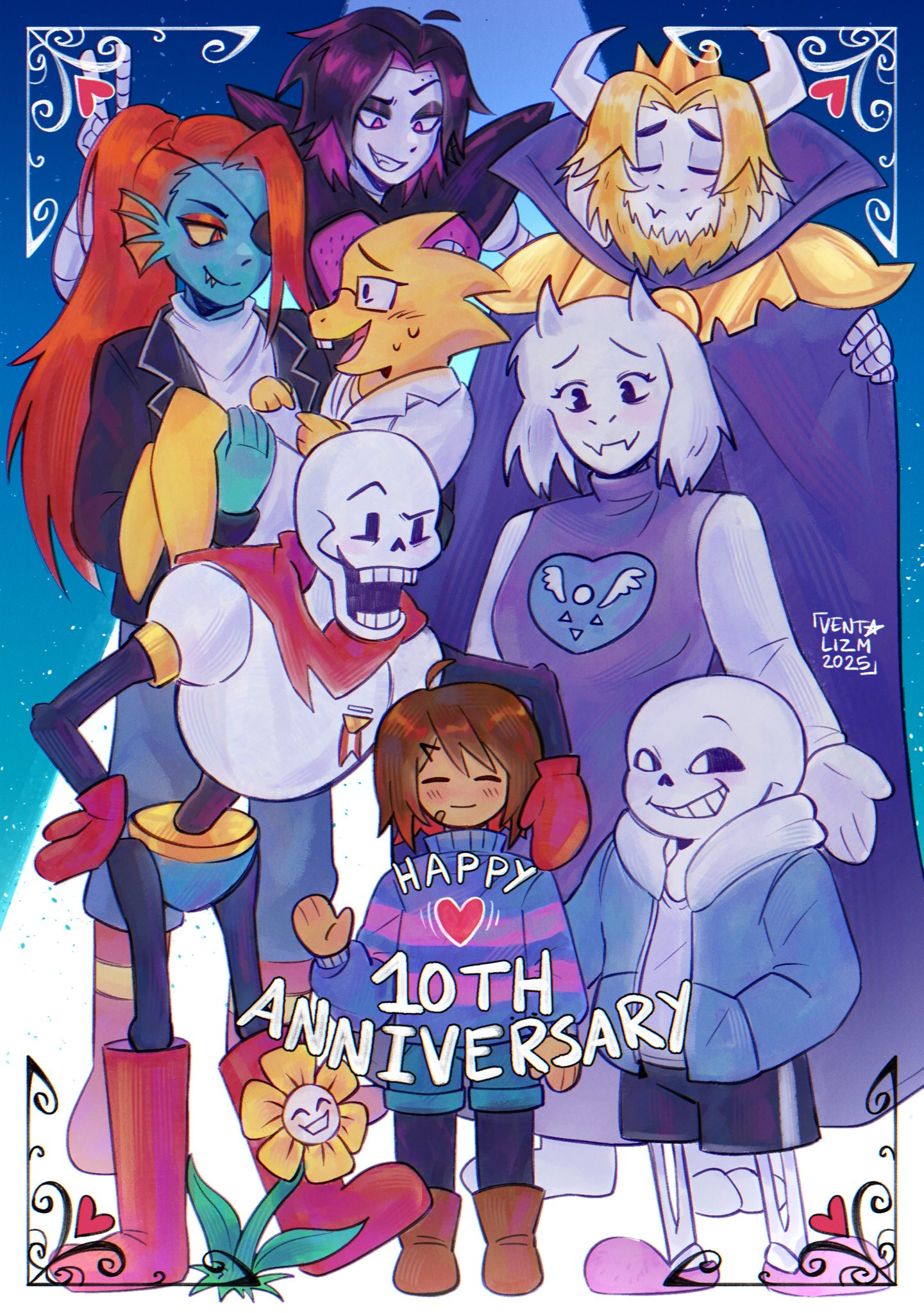1other, 3girls, 4boys, alphys, anniversary, asgore_dreemurr, black_hair, black_shorts