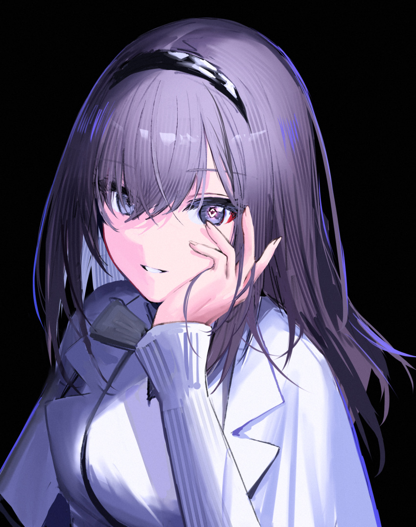 1girl, absurdres, arknights, black_background, black_eyes, black_hair, black_hairband, coat