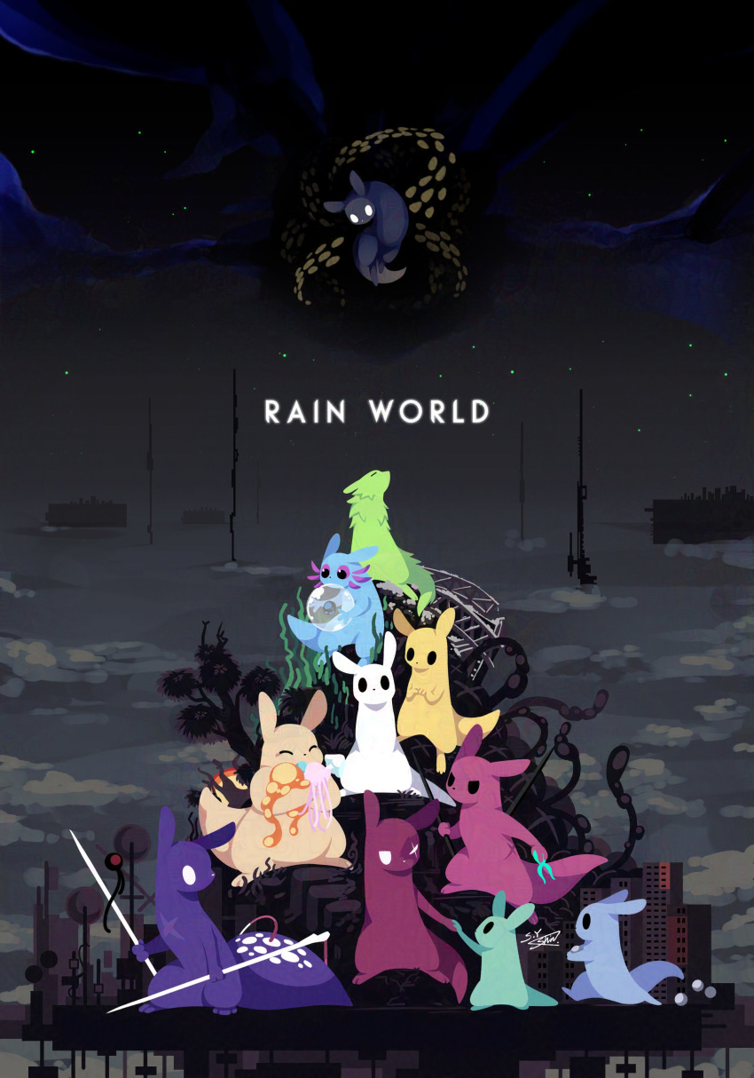 absurdres, artificer_(rain_world), axolotl_ears, black_eyes, bubble_fruit_(rain_world), building, burn_scar, colored_sclera, colored_skin, copyright_name, creature, english_commentary, gaming_gecko02, gourmand_(rain_world), green_fur, grey_background, highres, hunter_(rain_world), korean_commentary, looking_down, looking_up, midair, mixed-language_commentary, monk_(rain_world), neuron_fly_(rain_world), no_humans, no_mouth, pearl_(rain_world), pink_sclera, rain_world, rivulet_(rain_world), rot_(rain_world), saint_(rain_world), scar, scar_across_eye, scar_on_face, signature, slugcat, slugpup, spearmaster_(rain_world), spoilers, survivor_(rain_world), watcher_(rain_world)