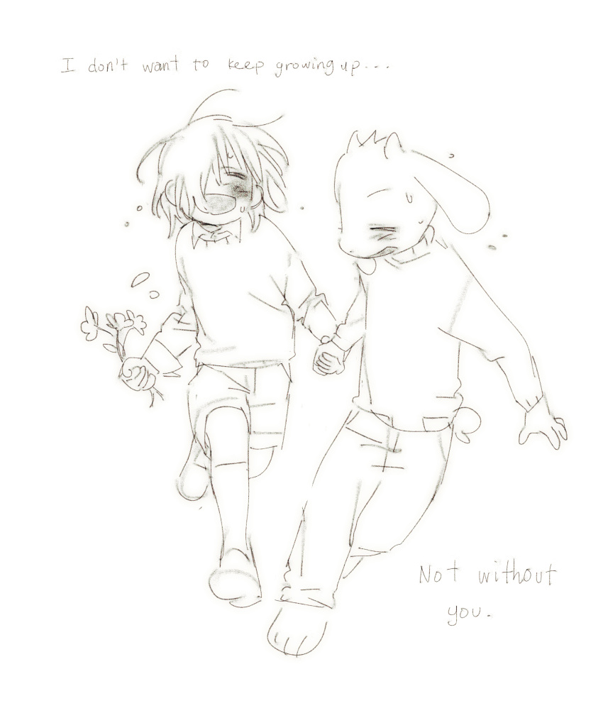 1boy, 1other, absurdres, animal_ears, asriel_dreemurr, chara_(undertale), closed_eyes, commentary