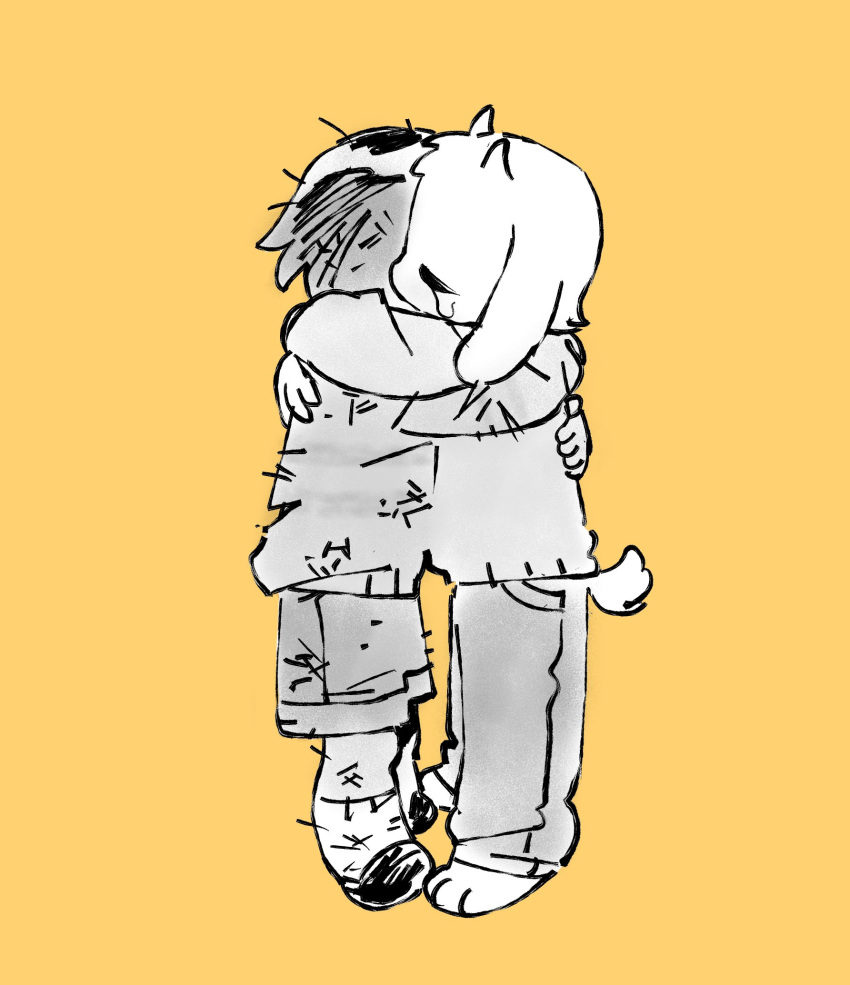 1boy, 1other, animal_ears, asriel_dreemurr, closed_eyes, commentary, double_horizontal_stripe, frisk_(undertale), furry, furry_male, goat_boy, goat_ears, goat_horns, greyscale_with_colored_background, hashtag-only_commentary, highres, horns, hug, laz_(wancchaco), mutual_hug, pants, simple_background, sweater, tail, undertale, utdr_(toby_fox)