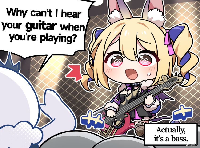 +++, 1girl, 1other, @_@, ^^^, animal_ears, bass_guitar, bat_ears, bat_girl, bat_tail, bat_wings, black_crown, black_dress, black_thighhighs, blonde_hair, blush, cape, caramel_(stella_sora), chibi, chibi_only, commentary, crown, double-parted_bangs, dress, drill_hair, english_commentary, english_text, fur-trimmed_cape, fur_trim, hair_ribbon, highres, instrument, medium_hair, mini_crown, music, official_art, open_mouth, pink_eyes, pink_ribbon, playing_bass_guitar, playing_instrument, raised_inner_eyebrows, ribbon, sidelocks, stella_sora, sweatdrop, thigh-highs, twin_drills, tyrant_(stella_sora), wings