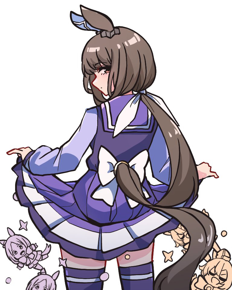 3girls, admire_vega_(umamusume), animal_ears, back_bow, bakemonogatari, bow, brown_hair, chibi, closed_mouth, clothes_lift, cowboy_shot, dot_mouth, ear_covers, expressionless, from_behind, hair_bow, half-closed_eyes, horse_ears, horse_girl, horse_tail, horseshoe_ornament, impossible_storage, kawamochi_(tddm3573), lifting_own_clothes, long_hair, long_sleeves, looking_at_viewer, looking_back, low_ponytail, monogatari_(series), multiple_girls, narita_top_road_(umamusume), parody, pinky_out, pleated_skirt, ponytail, profile, purple_serafuku, purple_skirt, purple_thighhighs, school_uniform, senjougahara_hitagi_skirt_lift_pose, serafuku, single_ear_cover, skirt, skirt_hold, solo_focus, t.m._opera_o_(umamusume), tail, thigh-highs, tracen_school_uniform, umamusume, umamusume:_road_to_the_top, white_background, white_bow, winter_uniform, zettai_ryouiki