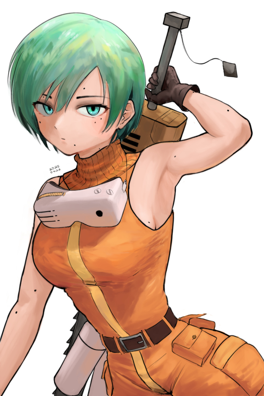 1girl, absurdres, aqua_eyes, aqua_hair, armpits, bare_shoulders, belt, body_freckles