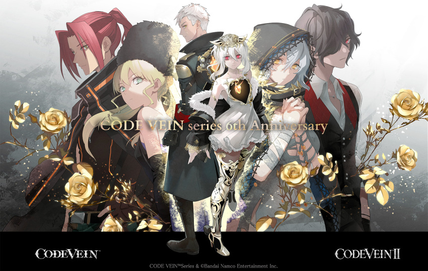 3boys, 3girls, anniversary, back-to-back, bandaged_arm, bandages, blonde_hair, brown_hair
