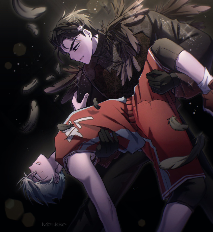 2boys, alien_stage, artist_name, basketball_jersey, basketball_uniform, black_eyes, black_feathers, black_gloves, black_hair, commentary, english_commentary, fang, fang_out, feather_hair_ornament, feathers, gloves, grey_hair, hair_ornament, highres, ivan_(alien_stage), jumpsuit, male_focus, mizukke, multiple_boys, official_alternate_costume, red_shirt, red_shorts, shirt, short_hair, shorts, sleeveless, sleeveless_shirt, sportswear, till_(alien_stage), very_short_hair, white_jumpsuit