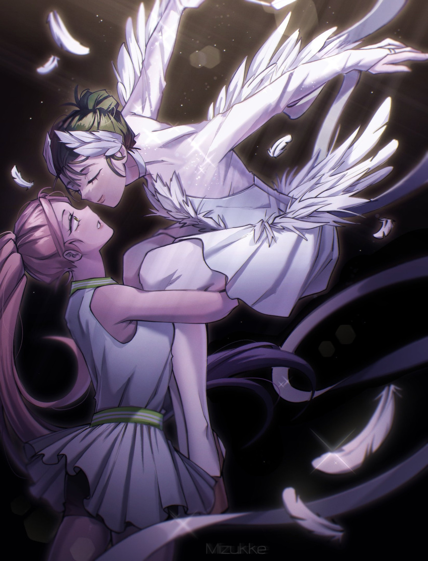 2girls, alien_stage, artist_name, black_hair, bridal_gauntlets, closed_eyes, commentary, dress, english_commentary, feather_hair_ornament, feathers, hair_bun, hair_ornament, highres, long_hair, mizi_(alien_stage), mizukke, multiple_girls, official_alternate_costume, pink_hair, sleeveless, sleeveless_dress, sportswear, sua_(alien_stage), tennis_uniform, very_long_hair, white_dress, white_feathers