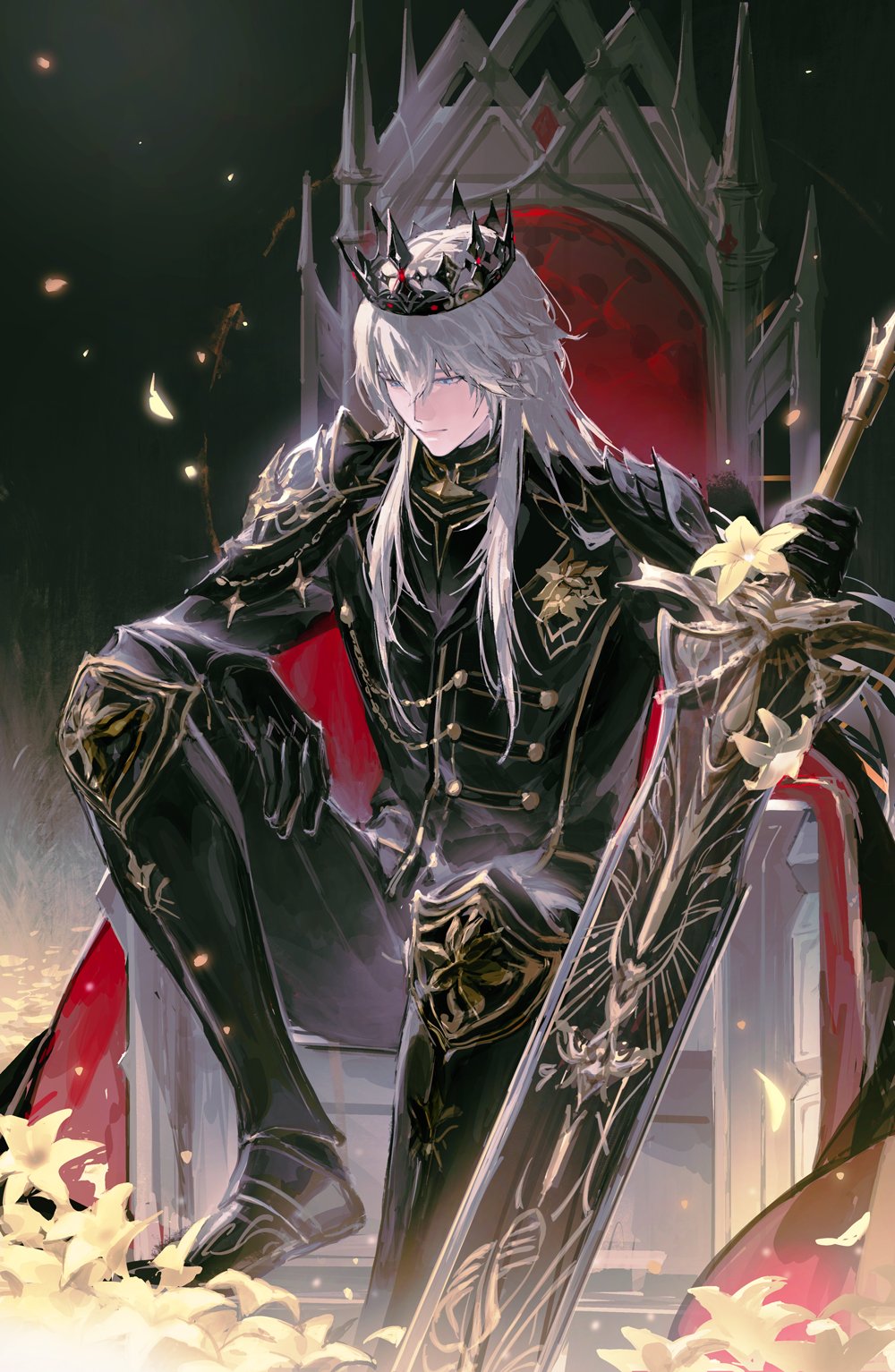 1boy, armor, armored_boots, black_armor, black_boots, black_cape, black_crown, black_gloves