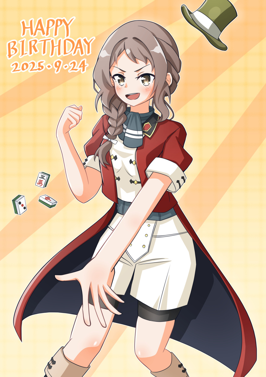 1girl, :d, aki_masuzu, ascot, bike_shorts, bike_shorts_under_shorts, birthday, black_ascot