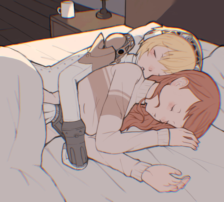 2girls, aigis_(persona), android, blonde_hair, chromatic_aberration, closed_eyes, closed_mouth, coffee_mug