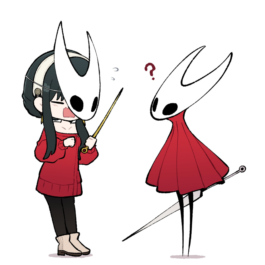 2girls, ?, absurdres, black_hair, black_pantyhose, boots, chibi, chibi_only