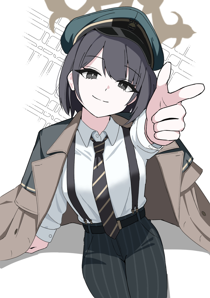 1girl, absurdres, black_eyes, black_necktie, blue_archive, brown_halo, coat, coat_on_shoulders