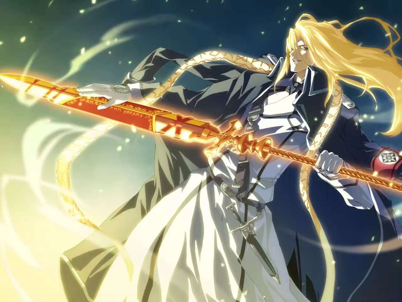 1boy, armband, belt, blonde_hair, clenched_hand, coat, dagger, deutsches_ahnenerbe
