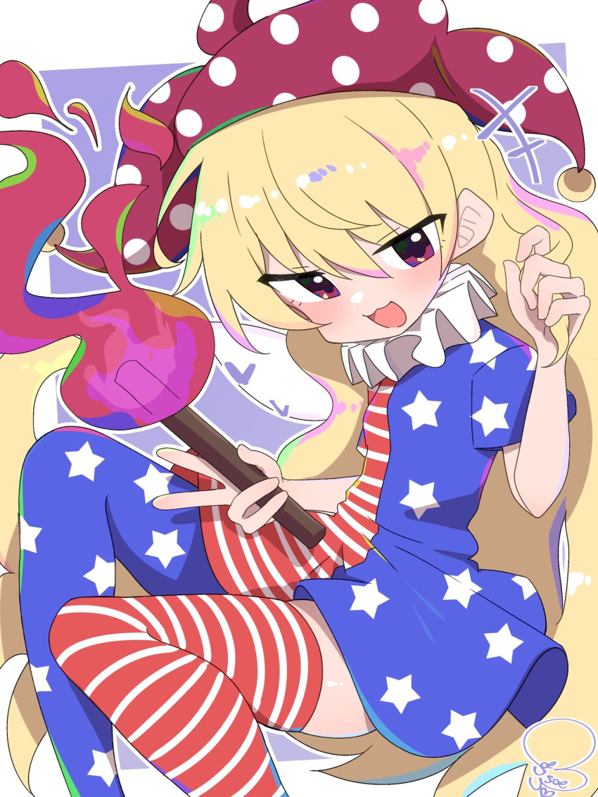 1girl, :d, american_flag_dress, american_flag_legwear, blonde_hair, clownpiece, commentary, dress
