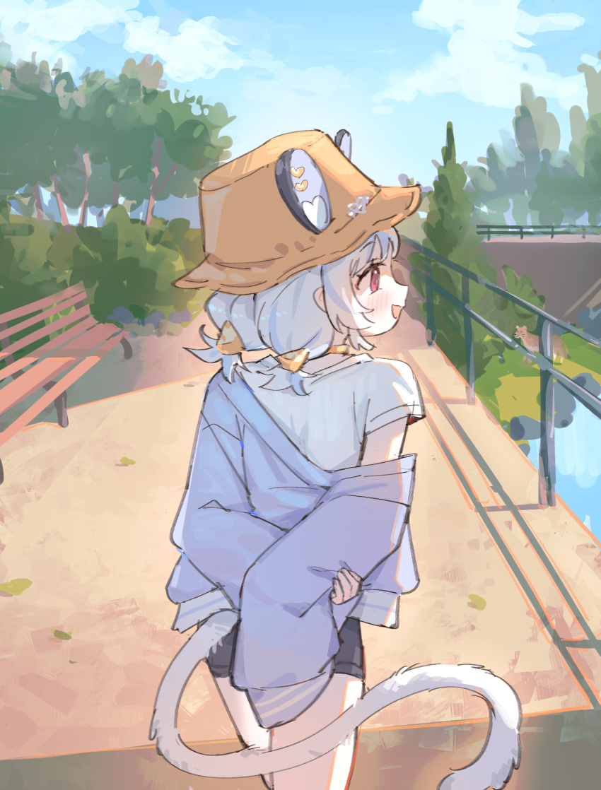 1girl, absurdres, animal_ears, arms_behind_back, bench, bucket_hat, choker, closed_mouth