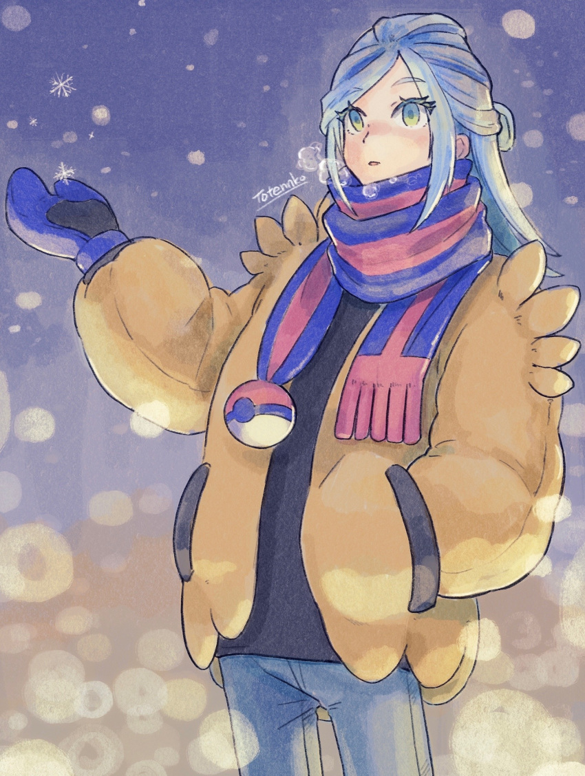 1boy, artist_name, blue_eyes, blue_hair, blue_mittens, blue_pants, blue_scarf, brown_jacket