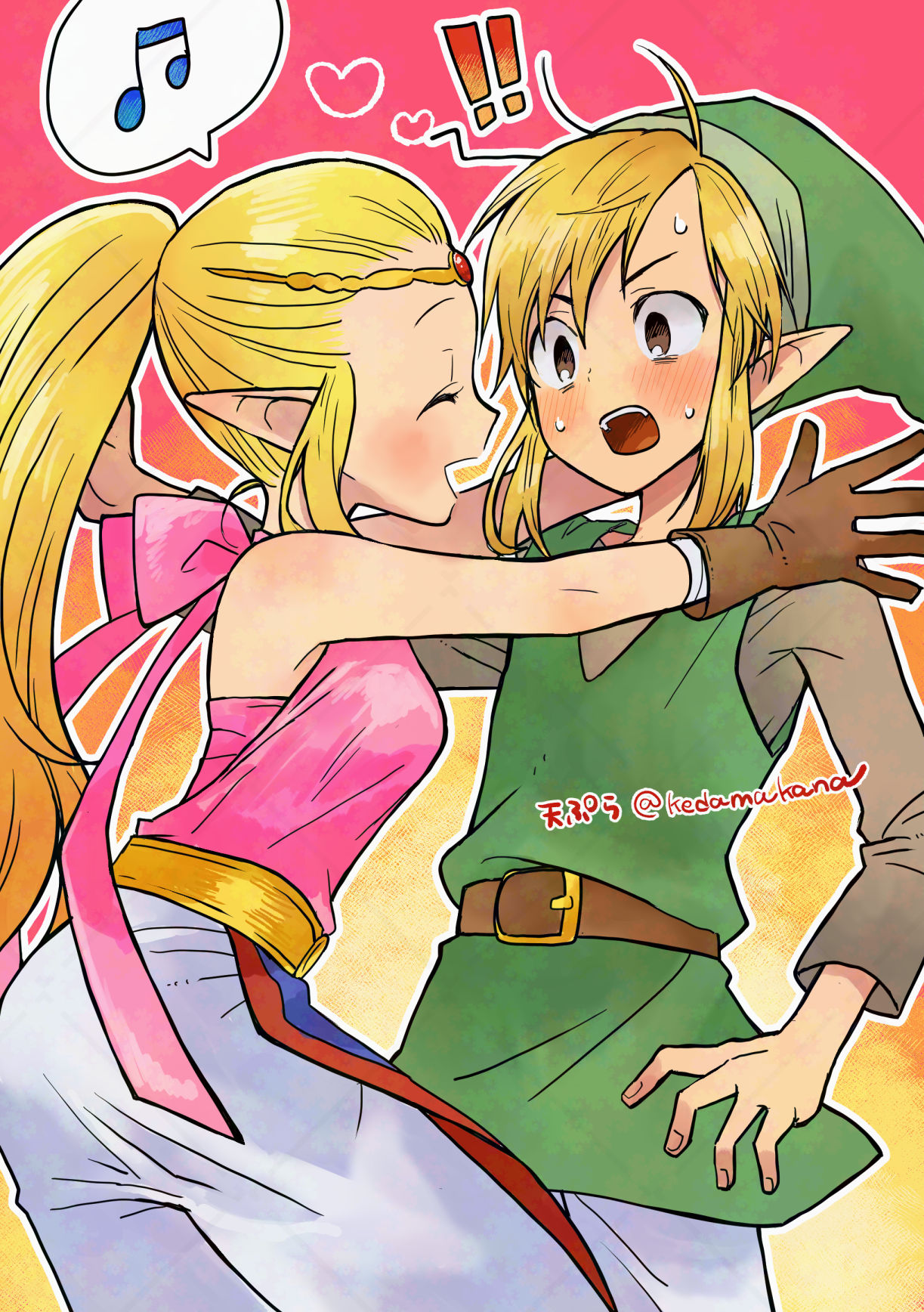 !, !!, 1boy, 1girl, adversarial_noise, bare_shoulders, belt, blonde_hair
