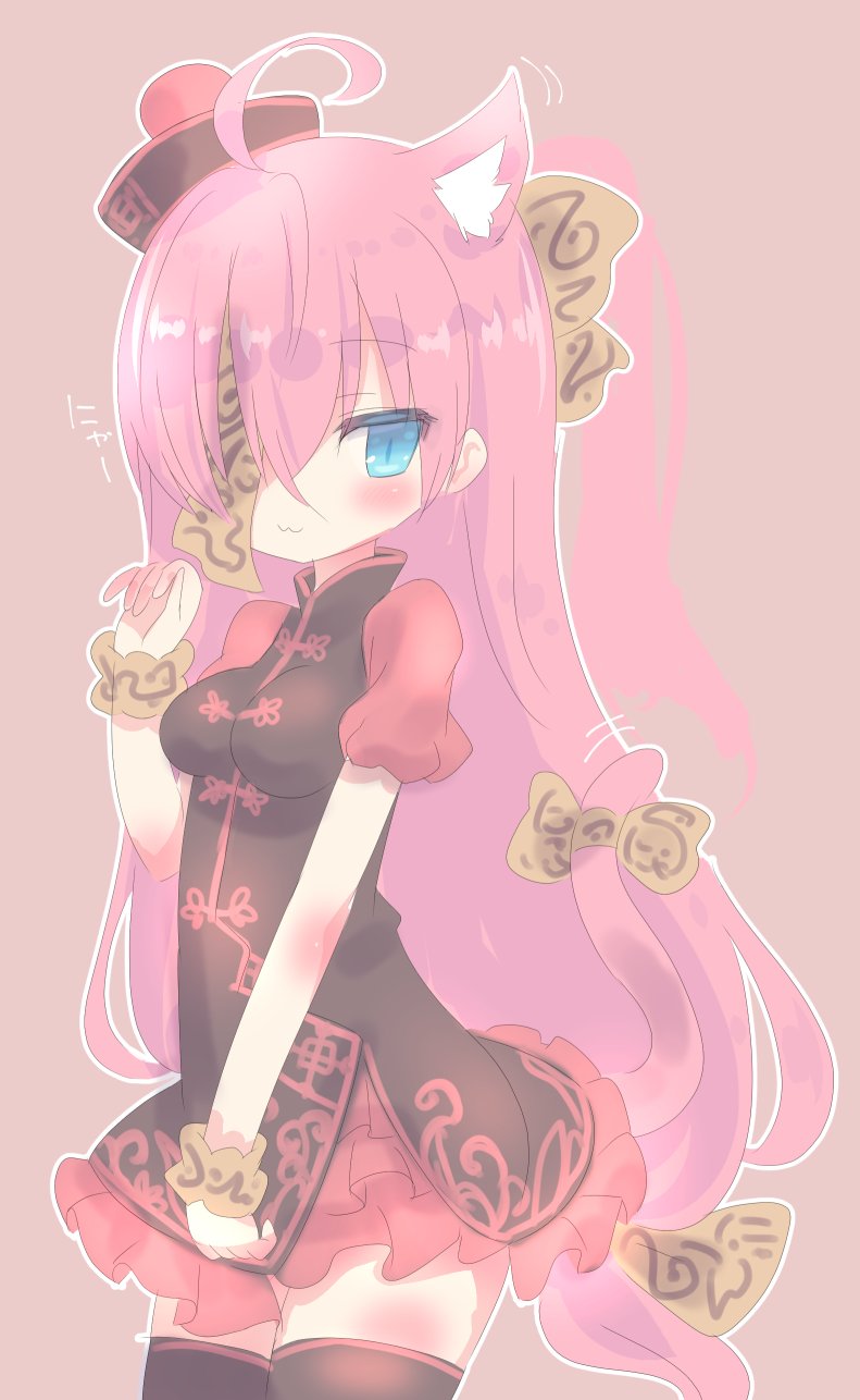 1girl, ahoge, animal_ears, blue_eyes, breasts, brown_background, brown_jacket, brown_thighhighs