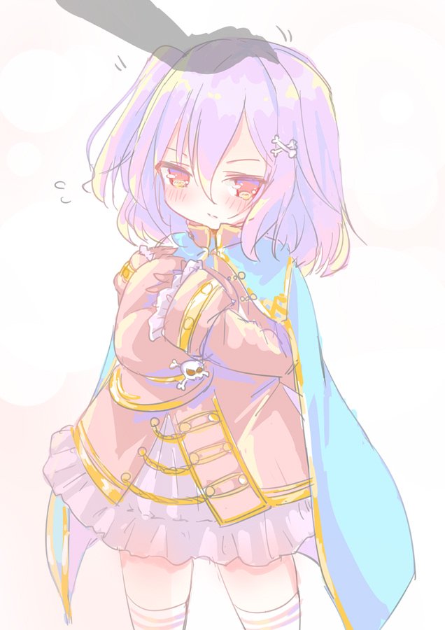 1girl, blue_cloak, blush, brown_hat, brown_jacket, cloak, embarrassed, emil_chronicle_online, flying_sweatdrops, frilled_skirt, frills, hair_ornament, hairclip, haruka8738, hat, headpat, holding, holding_unworn_clothes, holding_unworn_hat, jacket, one_side_up, purple_hair, purple_skirt, red_eyes, skeleton_shooter_alma, skirt, thigh-highs, unworn_hat, unworn_headwear, white_background, white_thighhighs