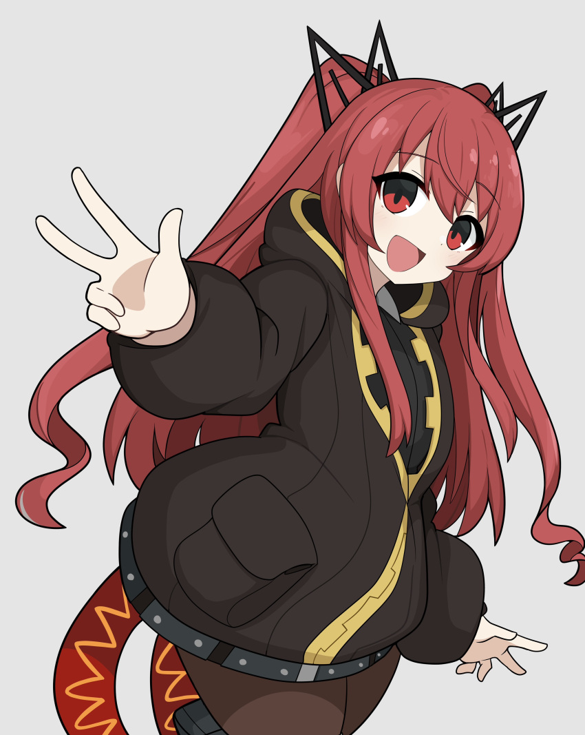 1girl, absurdres, alibina_(sentinel_girls), belt, blush, breasts, commentary_request, hair_between_eyes, hair_ornament, highres, long_hair, looking_at_viewer, medium_breasts, military_uniform, open_mouth, pantyhose, red_eyes, red_hair, sentinel_girls, sironuigurumi, solo, v, white_background
