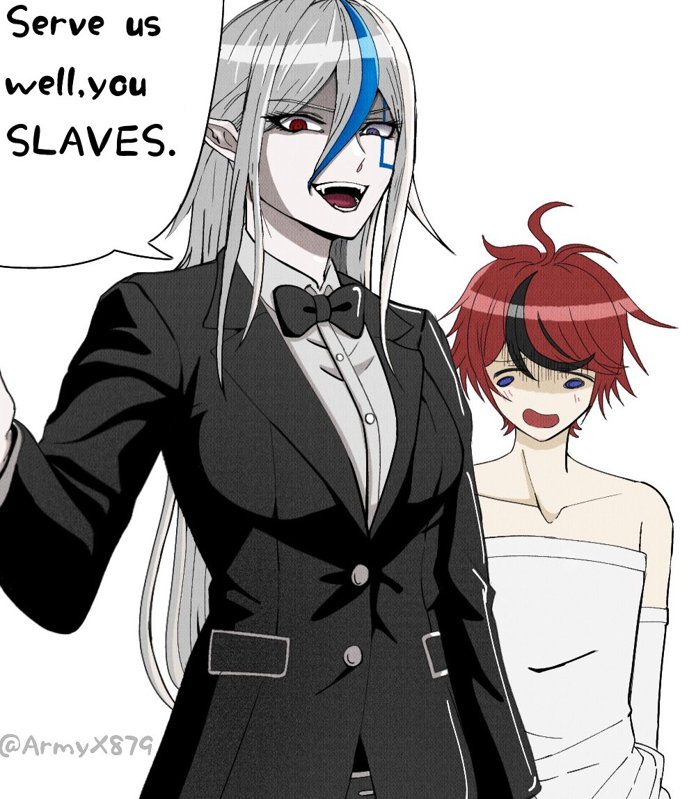 1boy, 1girl, armyx879, black_hair, blue_eyes, bow, bowtie, bridal_gauntlets, dress, english_text, facial_mark, heterochromia, long_hair, red_eyes, red_hair, short_hair, speech_bubble, suit, sumino_takumi, the_hundred_line_-last_defense_academy-, v'ehxness, violet_eyes, wedding_dress, white_hair