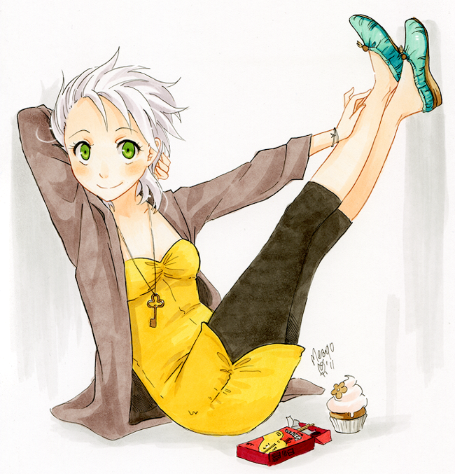 bracelet, cupcake, emily_(meago), face, green_eyes, jewelry, key, leggings, meago, necklace, original, pocky, signature, slippers, smile, solo, traditional_media, white_hair