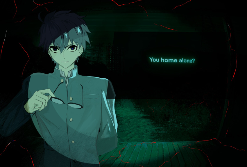 angry, arm_behind_back, black_hair, blue_jacket, english_text, glass, hair_between_eyes, holding