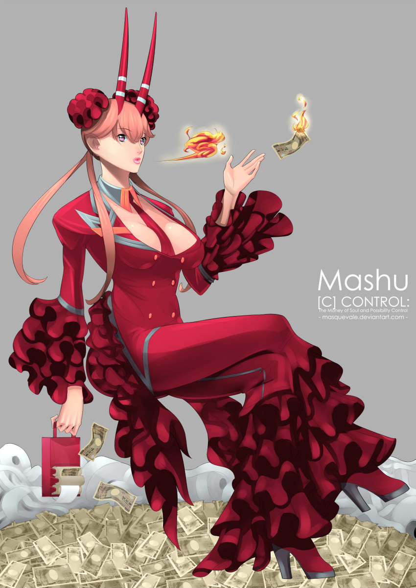 absurdres, adult, aeues, alternate_costume, bad_id, between_breasts, breasts, brown_hair, burning, c_(control), c_the_money_of_soul_and_possibility_control, cleavage, collar, crossed_legs, detached_collar, fire, frills, grey_background, high_heels, highres, horns, legs_crossed, lipstick, makeup, mashu, mashu_(control), masquevale, money, necktie, purple_eyes, shoes, simple_background, sitting, solo, violet_eyes