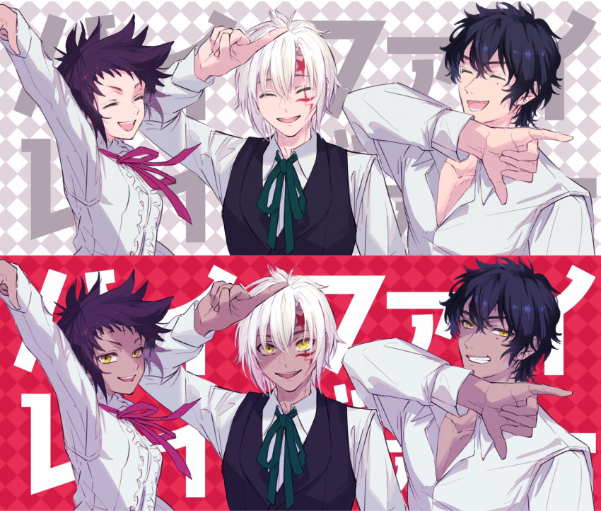 2girls, 4boys, allen_walker, allen_walker_(nea_d_campbell), asymmetrical_sidelocks, black_hair, black_vest, checkered_background, closed_eyes, collared_shirt, d.gray-man, dark-skinned_female, dark-skinned_male, dark_skin, dress_shirt, dual_persona, facial_mark, facing_viewer, forehead_mark, green_ribbon, grey_background, grin, hair_between_eyes, hand_up, highres, looking_at_viewer, mature_male, messy_hair, mole, mole_under_eye, multiple_boys, multiple_girls, nea_d_campbell, noah_(d.gray-man), open_mouth, pink_ribbon, purple_hair, red_background, ribbon, road_kamelot, scar, scar_across_eye, scar_on_face, shirt, short_hair, sidelocks, smile, spiky_hair, star_(symbol), star_facial_mark, two-tone_background, tyki_mikk, uzura-000, vest, white_background, white_hair, white_shirt, yellow_eyes