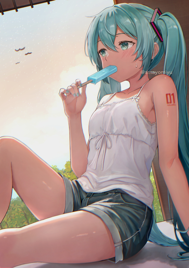 1girl, amayomiyu, aqua_eyes, aqua_hair, aqua_nails, arm_tattoo, blush, camisole